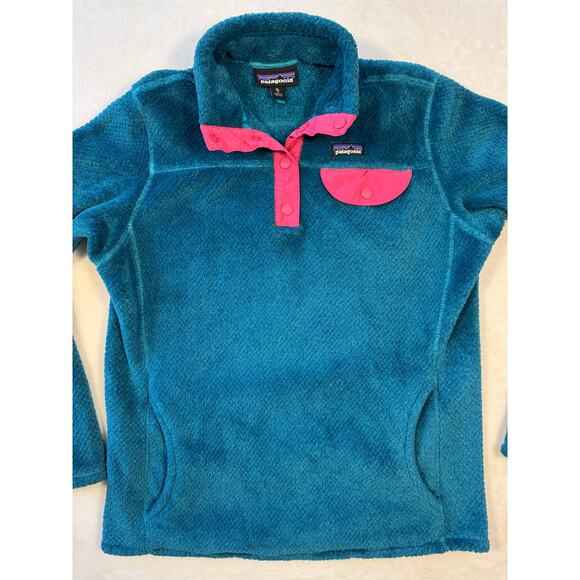 Patagonia Girls Snap T Fleece Pull Over Jacket Sweatshirt Fuzzy Green Pink XL 14 - Picture 1 of 6